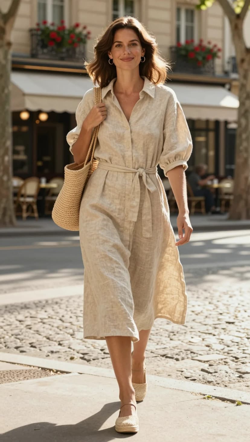 Natural Linen Button-Up Shirt Dress + Natural Woven Straw Tote Bag + Natural Woven Espadrille Flats