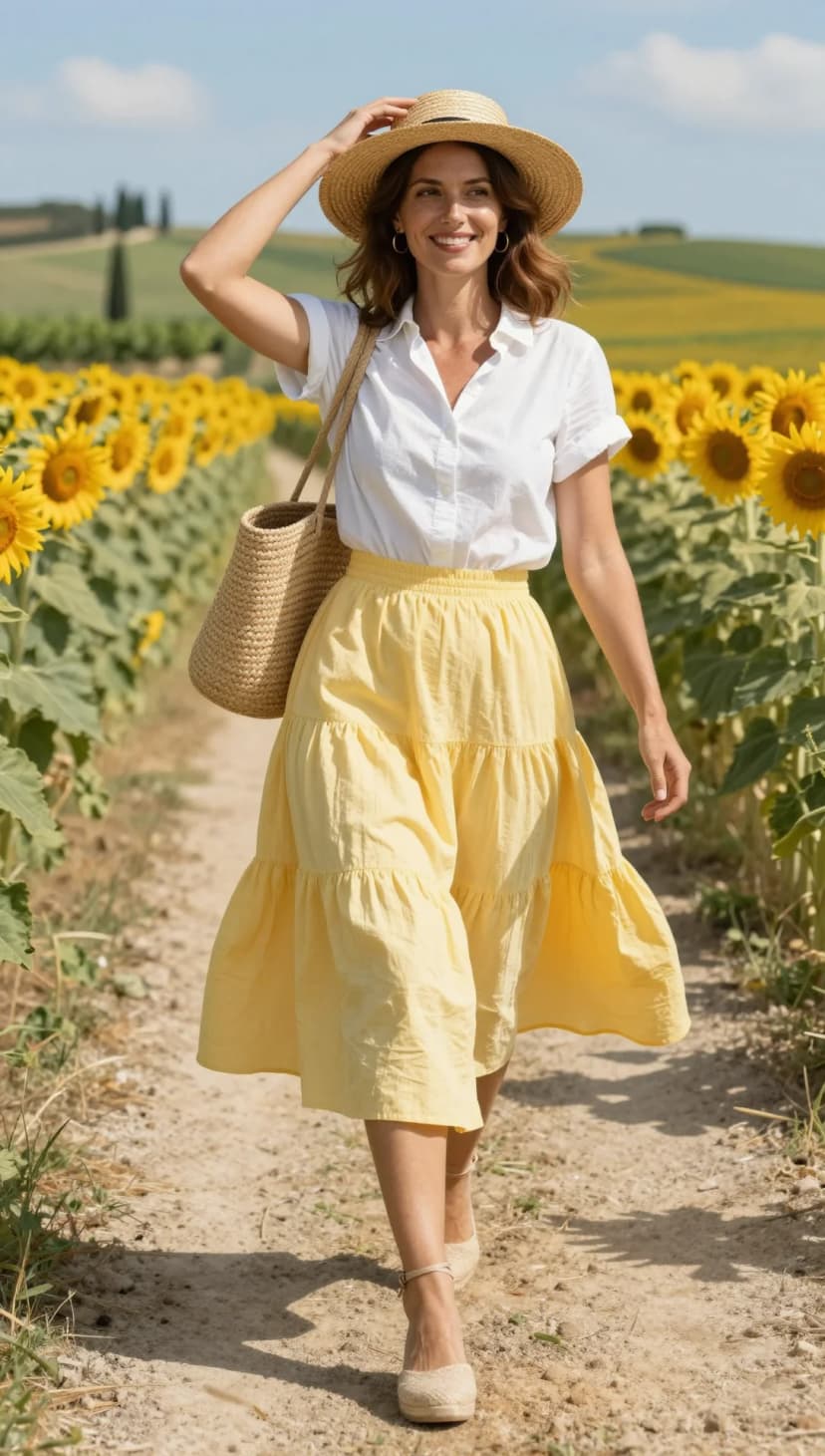 White Linen Button-Up Shirt + Yellow Tiered Midi Skirt + Natural Woven Tote Bag + Straw Hat + Espadrille Wedges
