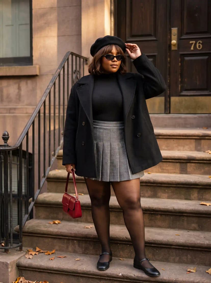 Black Blazer + Plaid Pleated Skirt + Black Turtleneck