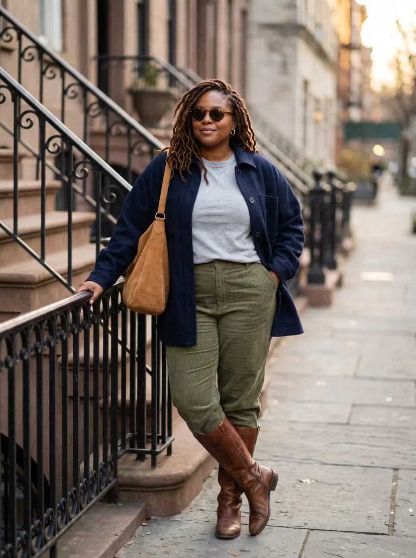 Grey Tee + Navy Chore Jacket + Olive Corduroy Pants