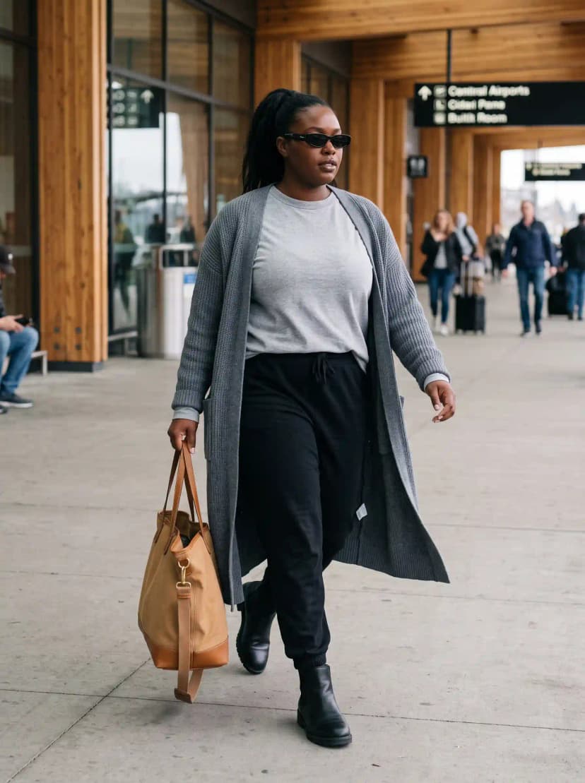 Grey Tee + Long Grey Cardigan + Black Joggers
