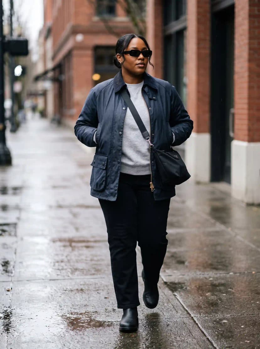 Grey Sweatshirt + Navy Utility Jacket + Black Pants
