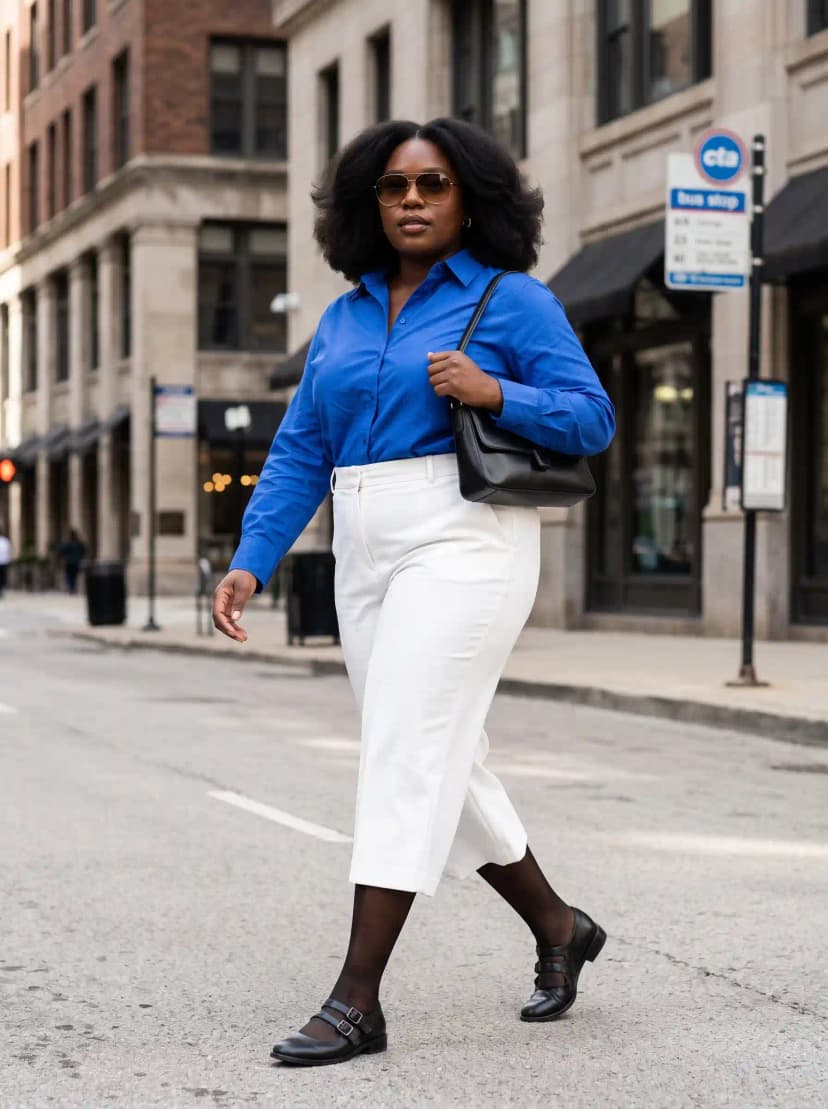 Blue Button-Down + White Cropped Trousers