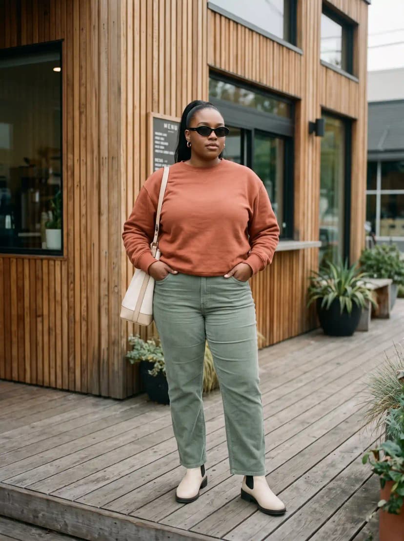 Rust Sweatshirt + Olive Pants + Cream Boots