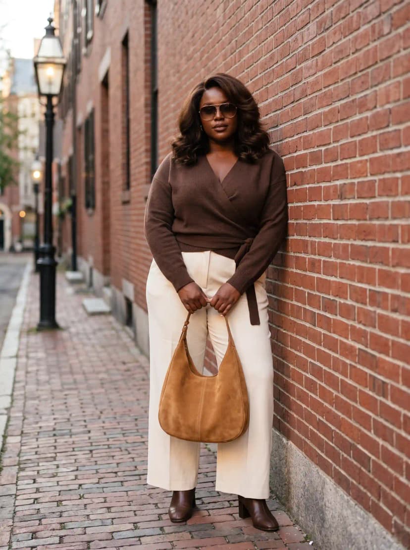 Brown Wrap Sweater + Cream Wide-Leg Trousers