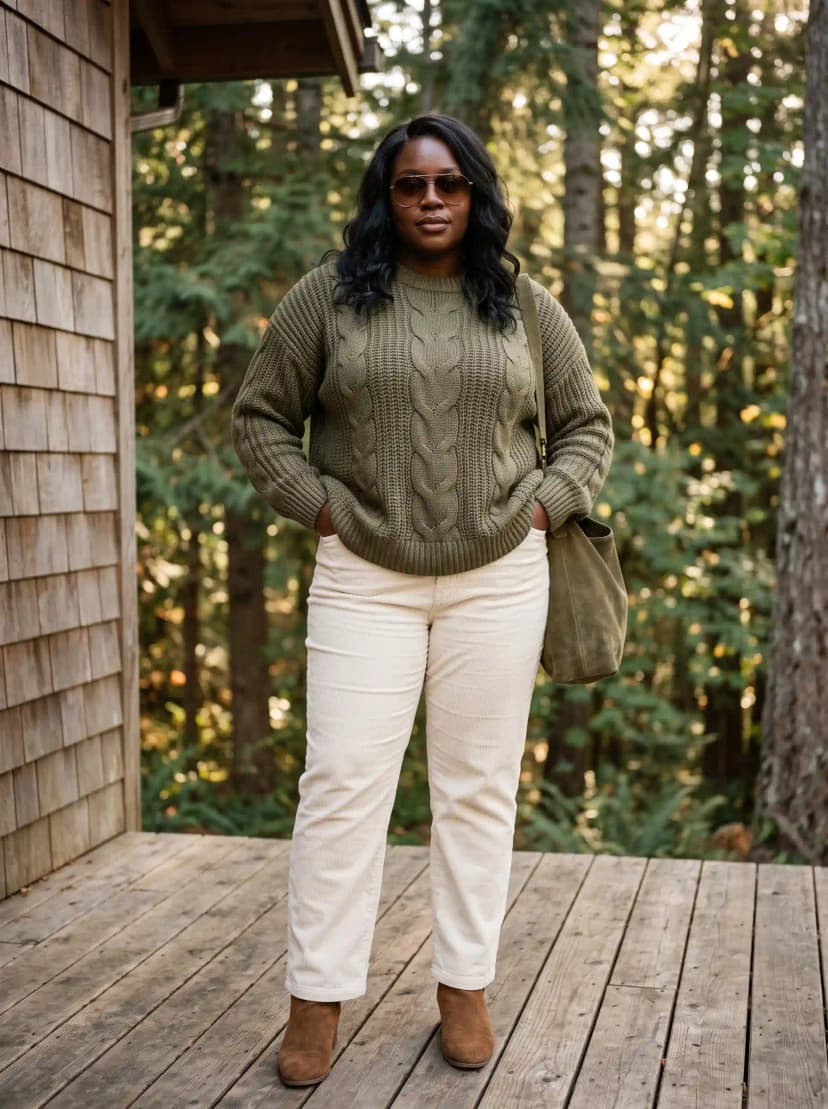 Olive Cable-Knit Sweater + Cream Corduroy Pants