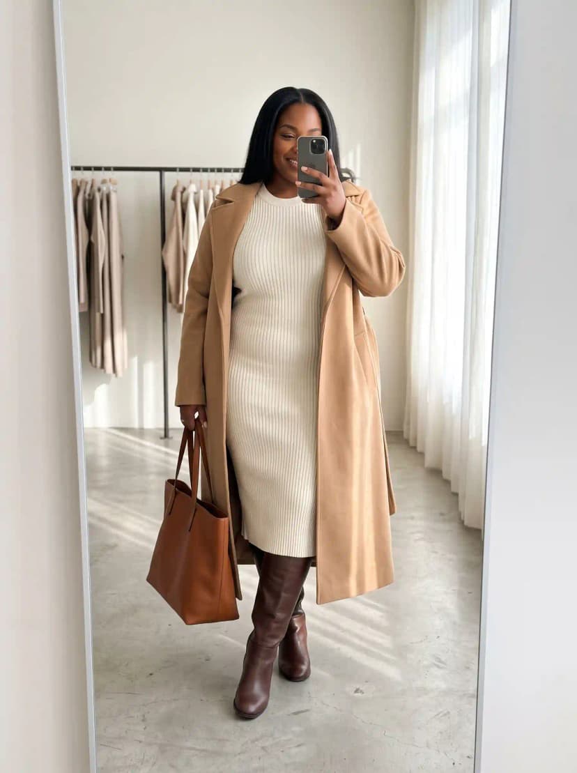 Cream Ribbed Dress + Camel Coat