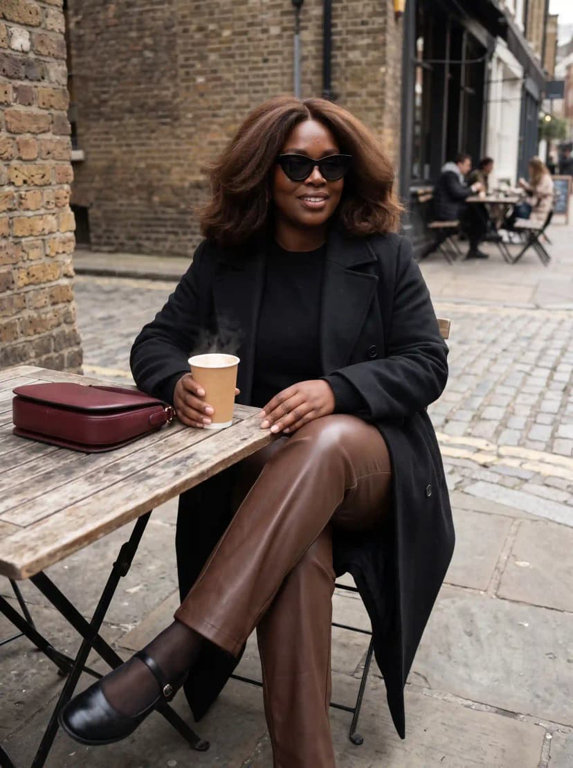 Black Sweater + Brown Leather Pants + Black Coat