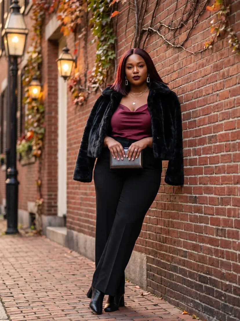Burgundy Satin Cami + Black Trousers + Faux Fur Jacket