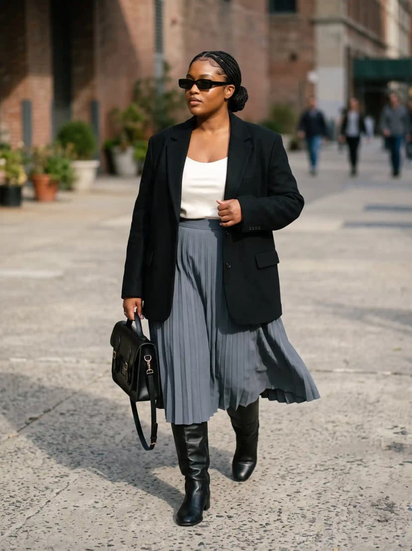 White Tank + Grey Pleated Skirt + Black Blazer
