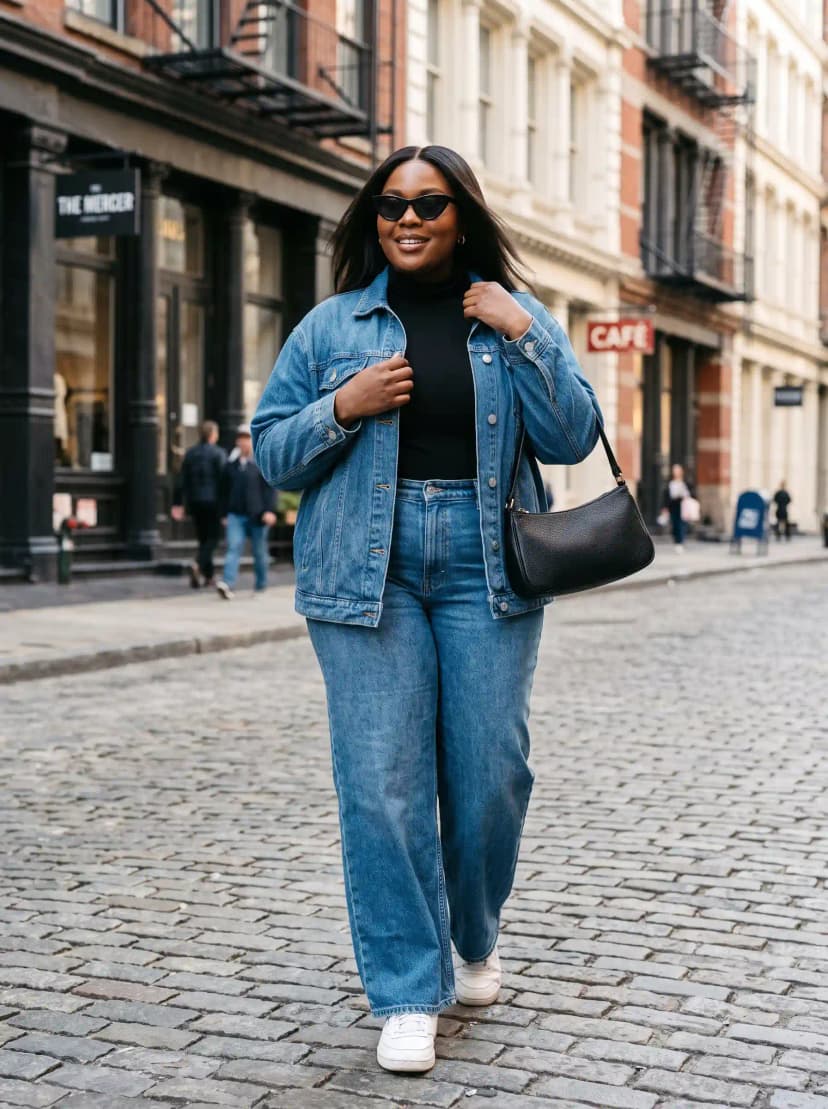 Black Turtleneck + Denim Jacket + Wide-Leg Jeans