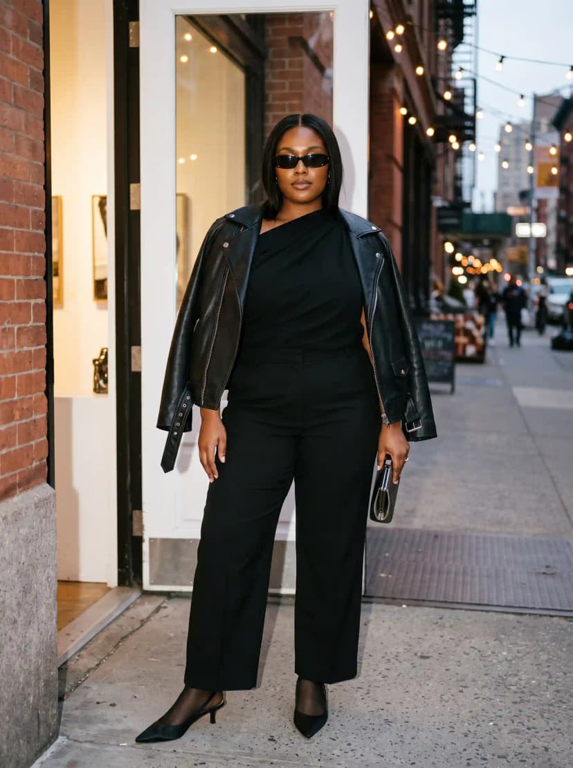 Black One-Shoulder Top + Black Trousers + Leather Jacket