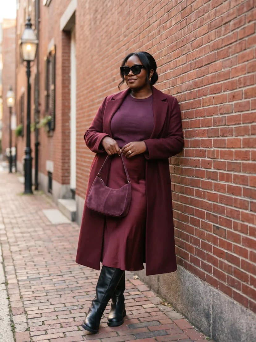 Burgundy Coat + Burgundy Satin Dress