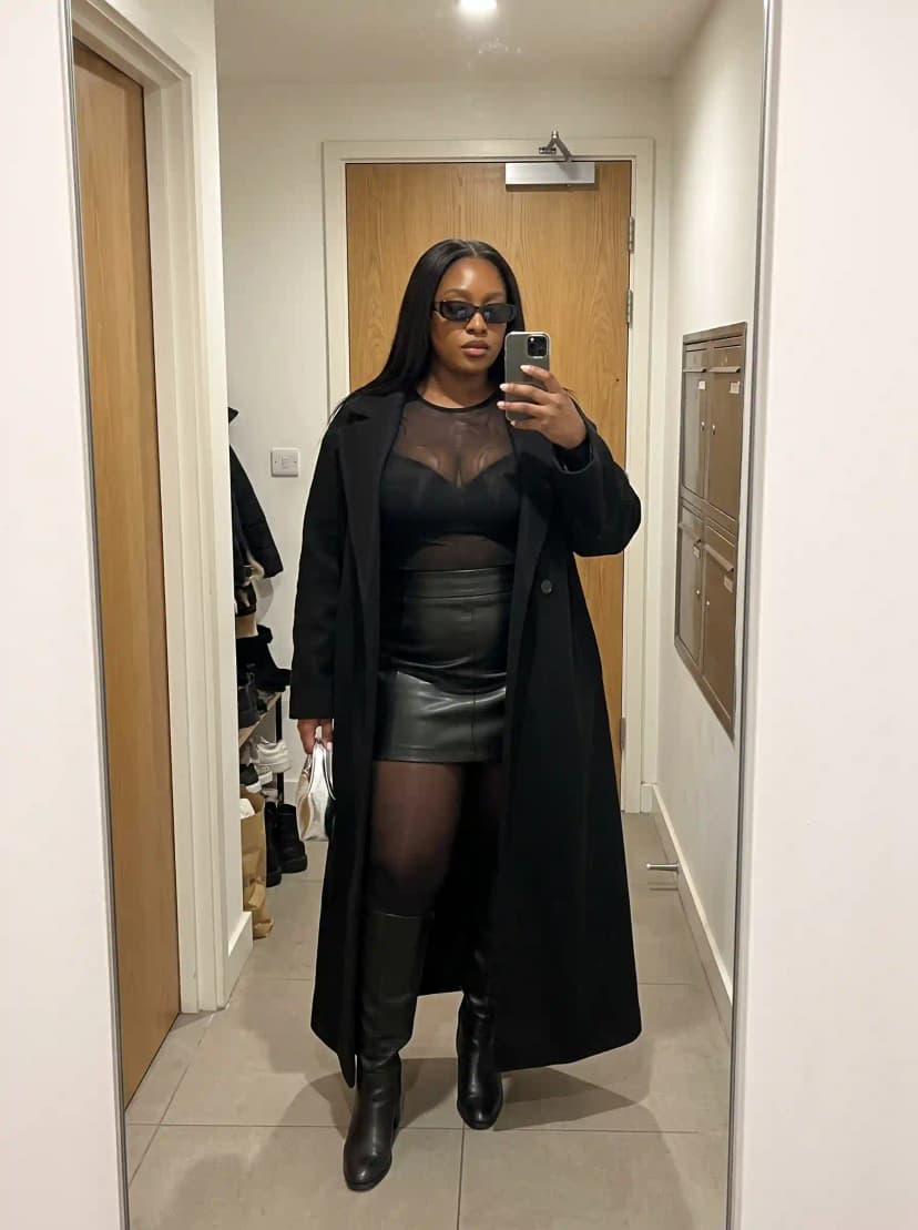 Black Mesh Top + Leather Mini Skirt + Long Black Coat