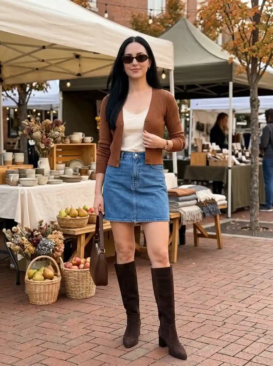 Brown ribbed cardigan layered over white lace-trim cami with embossed denim mini skirt