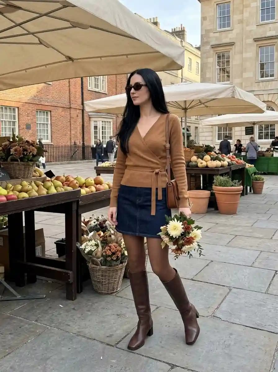 Camel wrap-front sweater with self-tie belt and dark indigo denim mini skirt