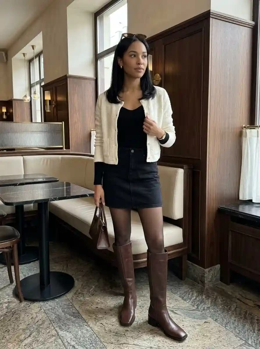 Cream boucle cardigan layered over black top with black denim mini skirt