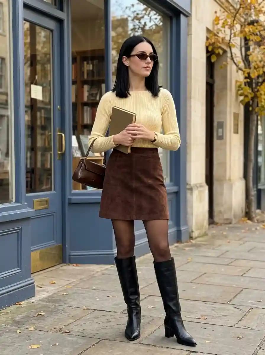 Soft yellow ribbed sweater with chocolate brown suede mini skirt and black boots