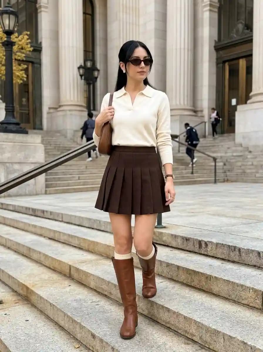 Ivory collared polo-style sweater with chocolate brown pleated mini skirt and tan boots