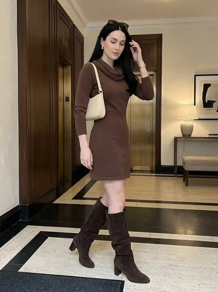 Chocolate brown cowl neck sweater dress with dark brown suede slouchy boots