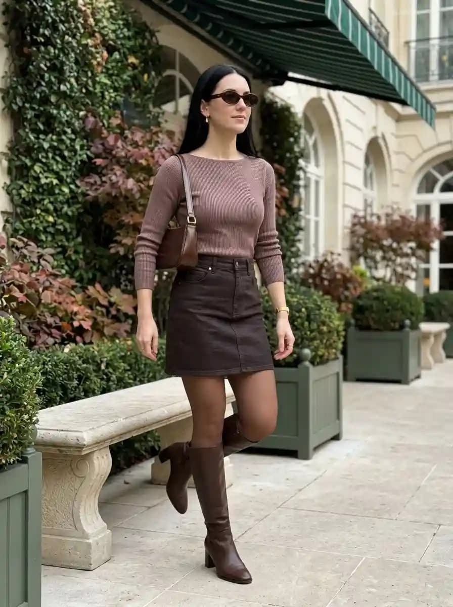 Dusty mauve ribbed boat-neck top with dark chocolate brown denim mini skirt