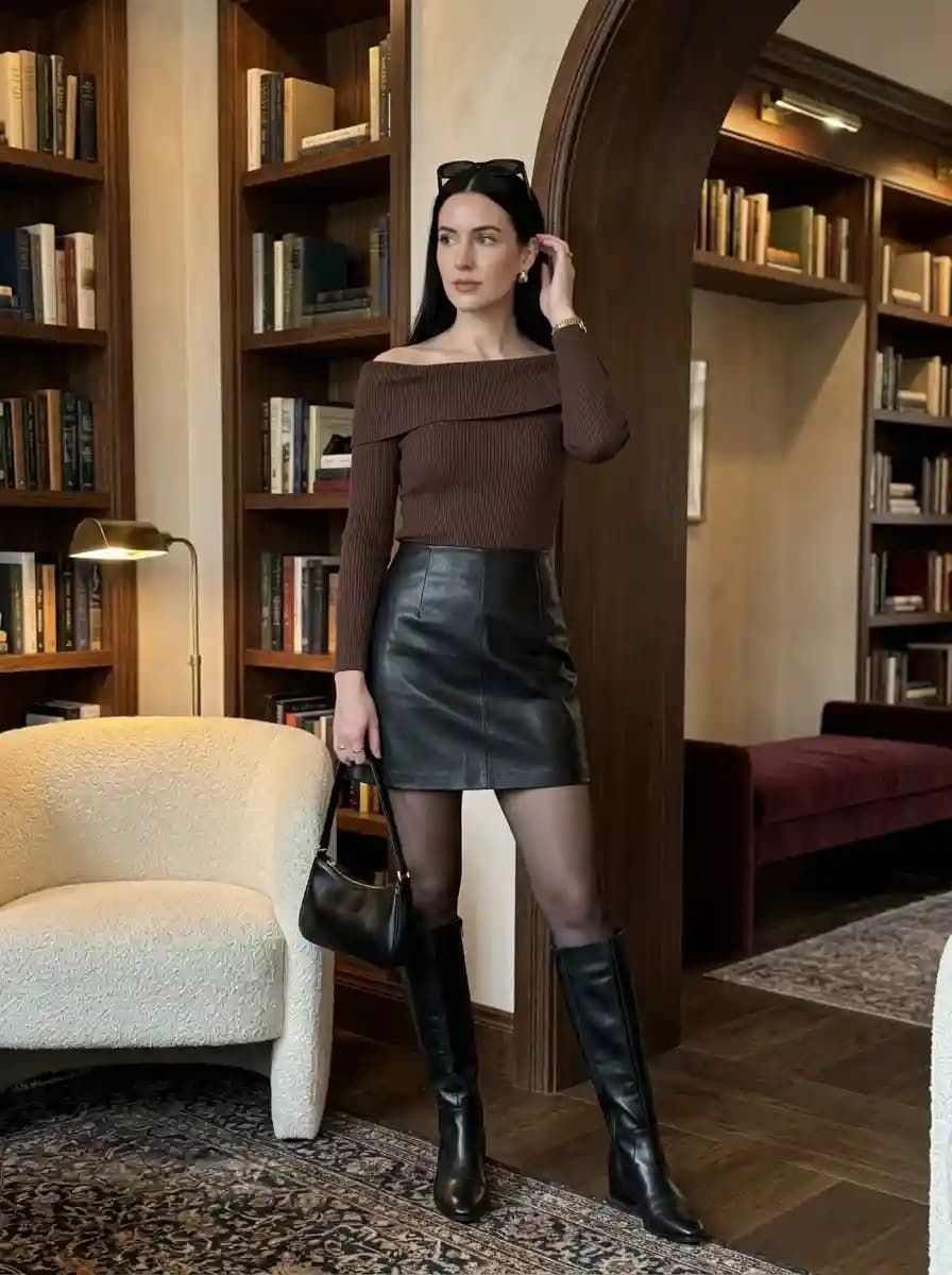 Chocolate brown off-shoulder ribbed top with black faux leather mini skirt