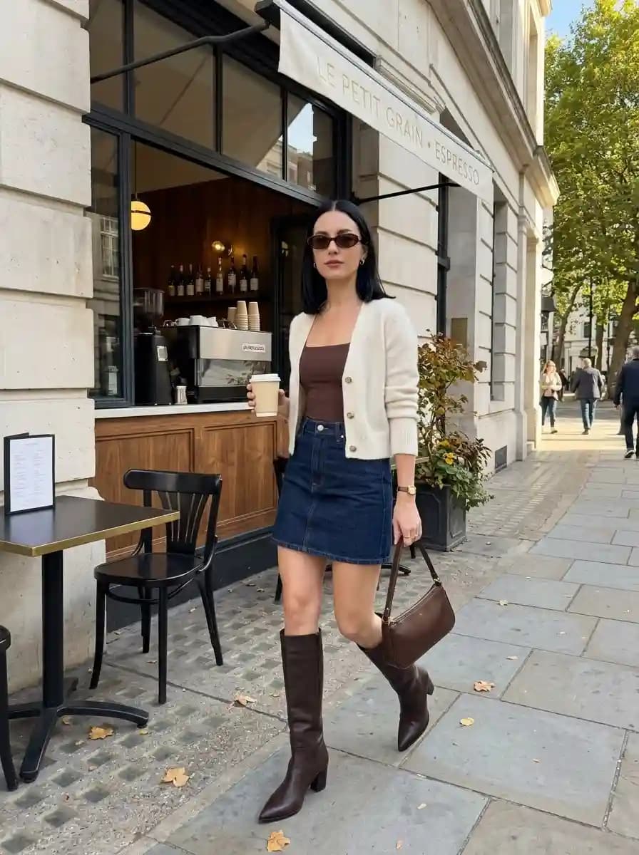 Cream crop cardigan layered over brown square-neck tank with dark denim mini skirt