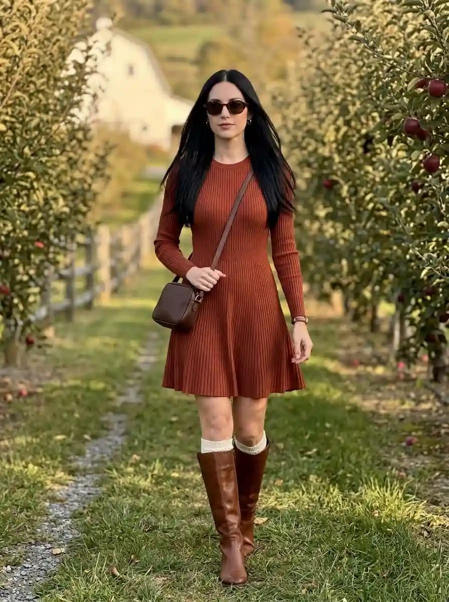 Rust ribbed knit dress with brown leather knee-high boots and white boot cuffs