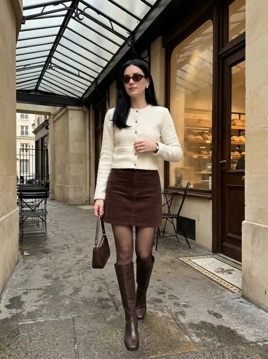 Cream boucle cardigan with gold buttons and chocolate brown corduroy mini skirt