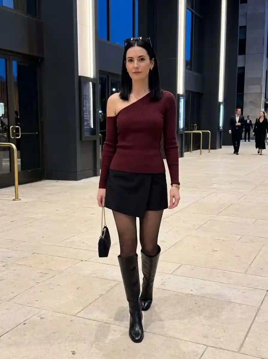 Burgundy one-shoulder ribbed top with black tailored skort and knee-high boots