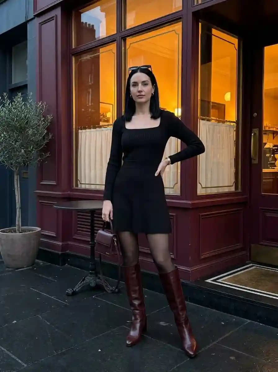 Black ribbed knit square-neck dress with burgundy patent leather knee-high boots