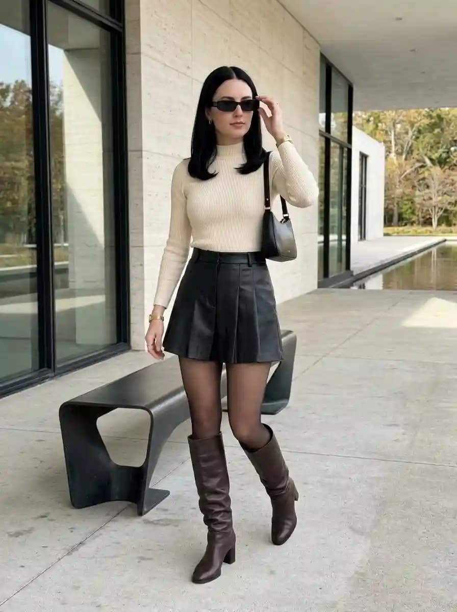 Cream ribbed turtleneck sweater with black faux leather pleated mini skort