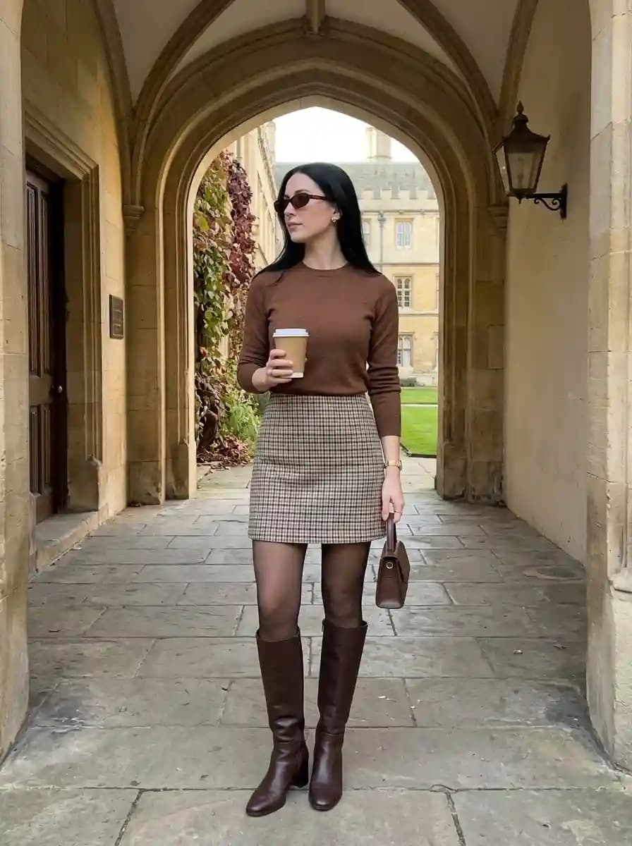 Brown fine-knit crewneck sweater with brown and beige plaid mini skirt
