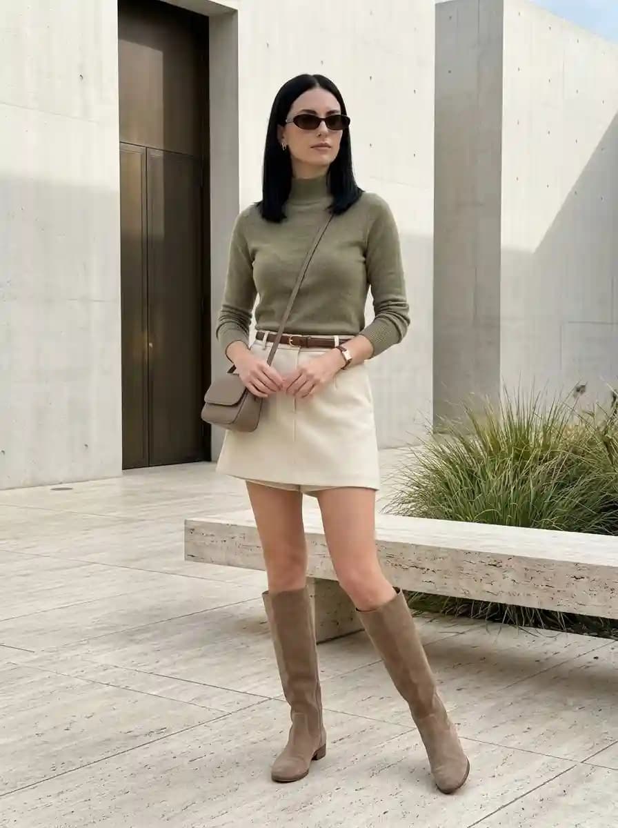 Olive moss green ribbed turtleneck sweater with cream structured mini skirt