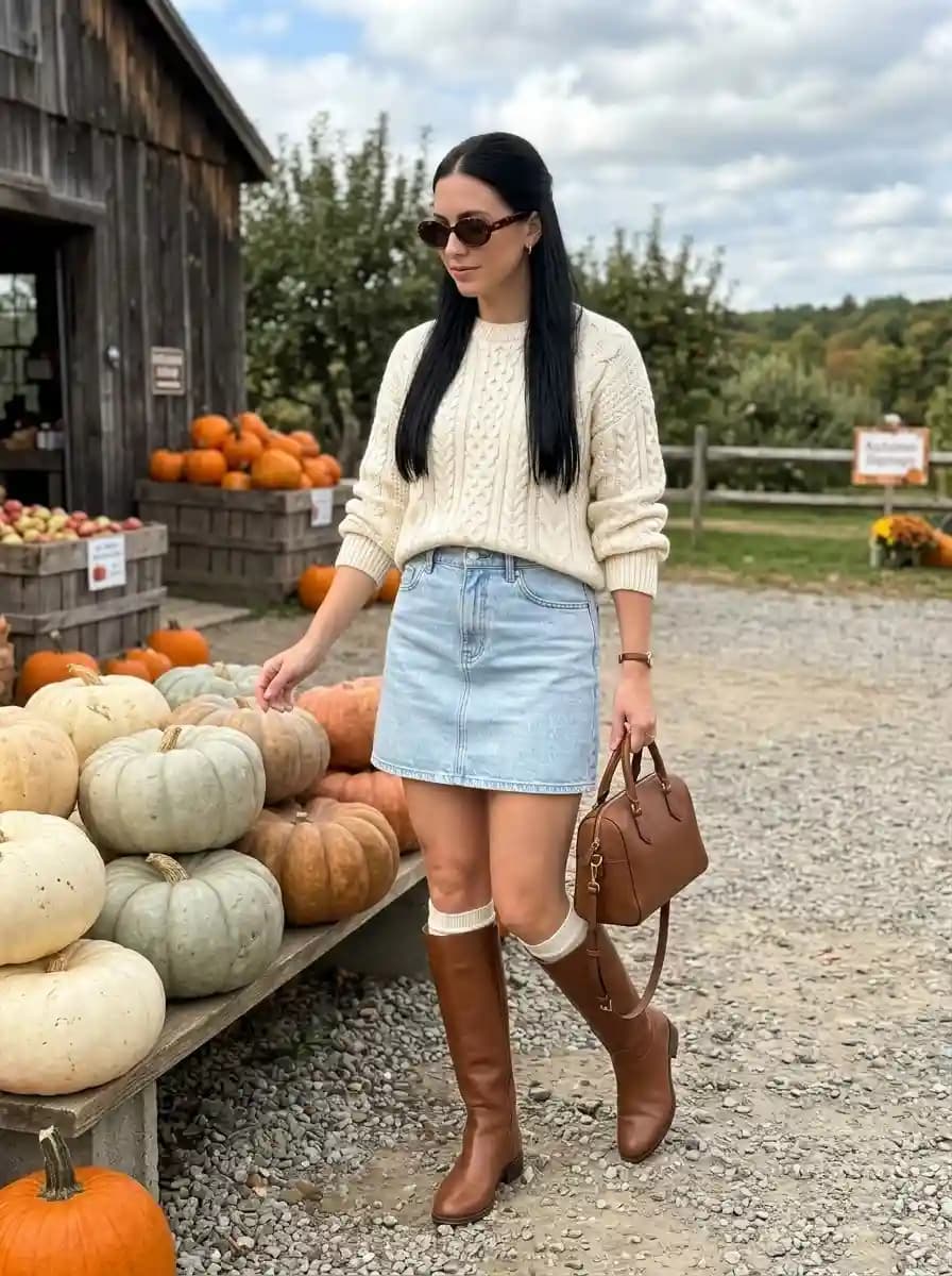 Chunky cream cable-knit sweater half-tucked into light-wash denim mini skirt