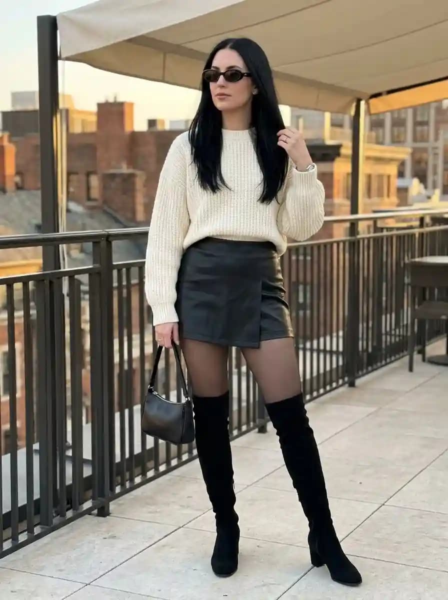 Oversized cream chunky knit sweater with black faux leather skort and over-the-knee boots