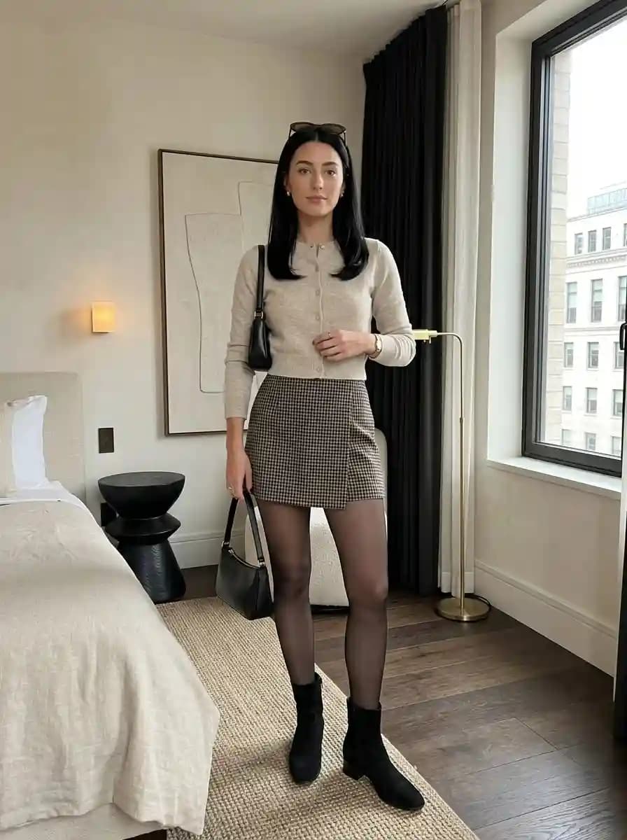 Beige cardigan with brown plaid mini skirt and black ankle boots