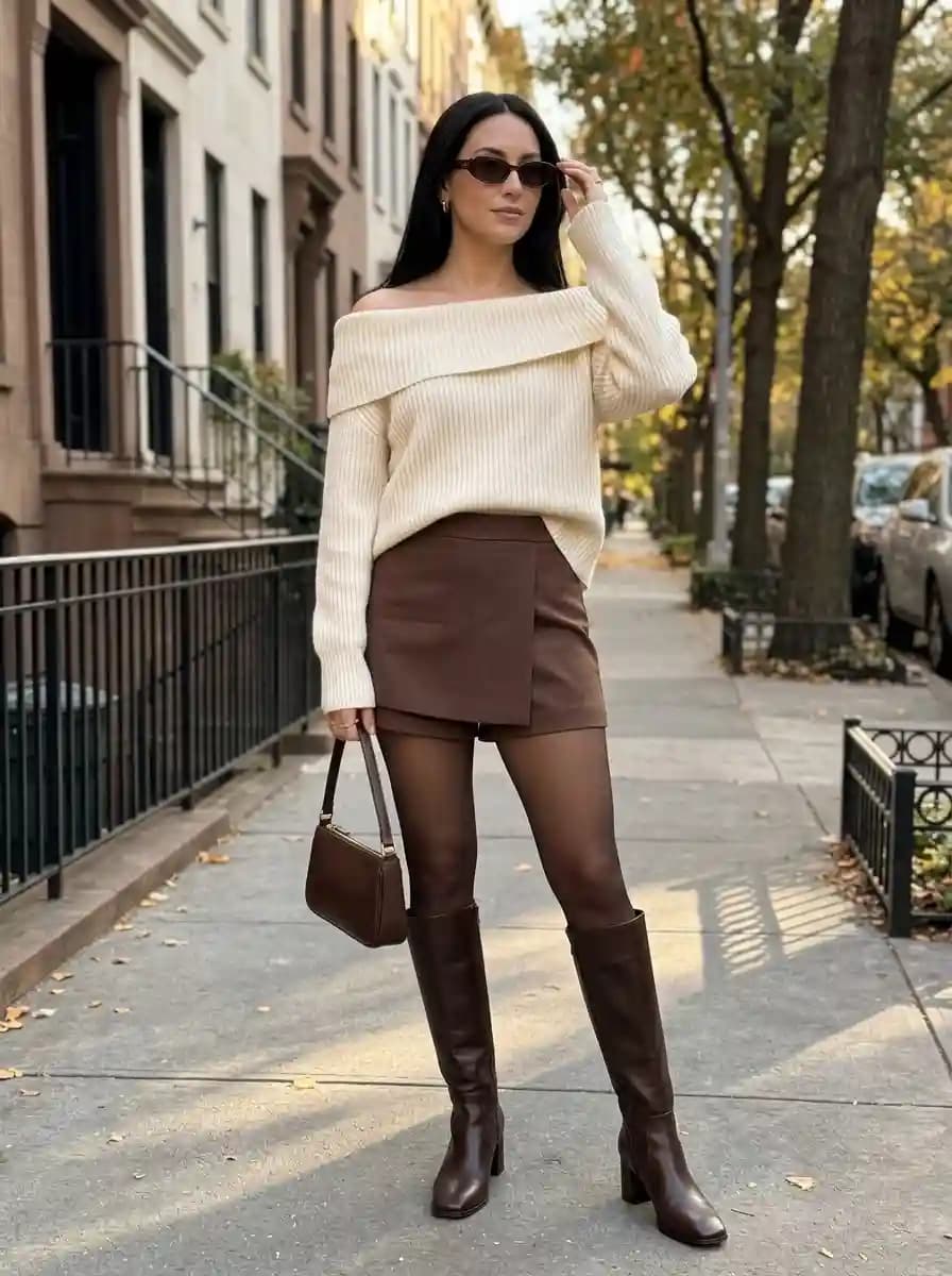 Cream off-shoulder ribbed sweater with brown faux leather skort and knee-high boots