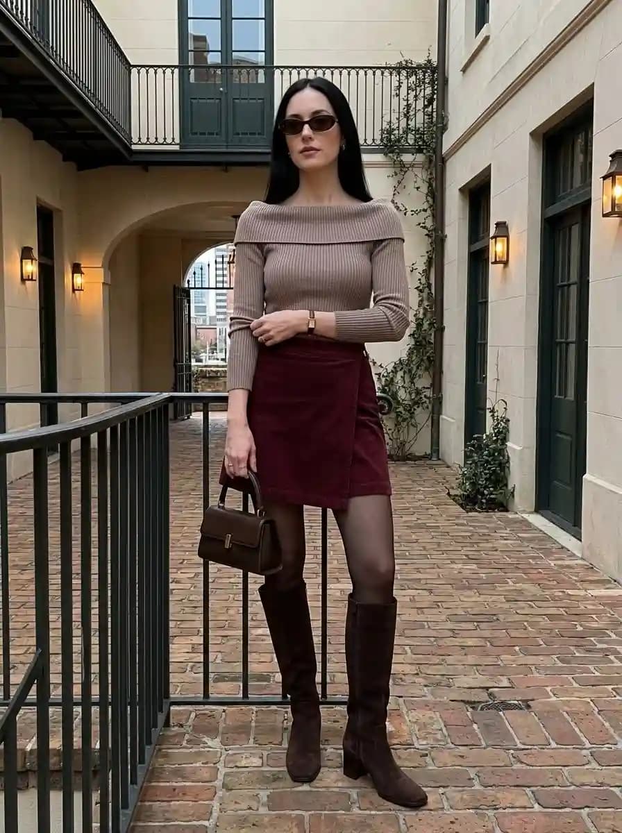 Taupe off-shoulder ribbed top with burgundy suede wrap mini skirt