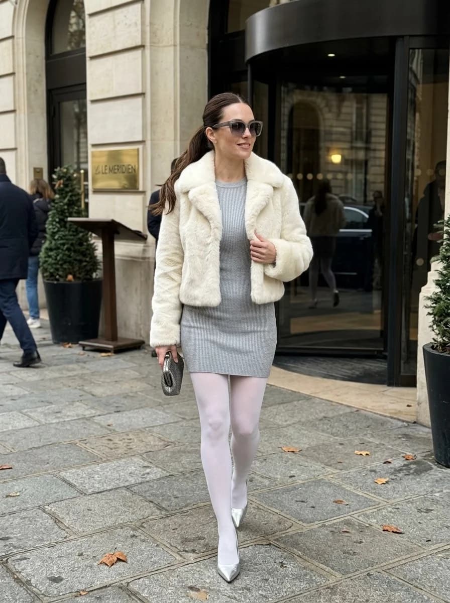 Grey knit mini dress layered with cropped white faux-fur jacket, white tights, and metallic pumps