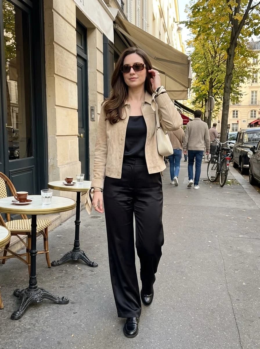 Black camisole top, fluid black satin trousers, tan suede jacket, black loafers, and cream shoulder bag