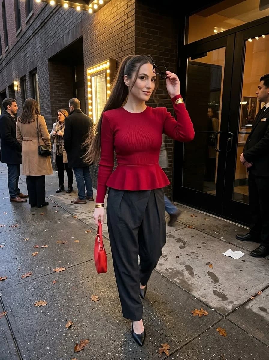 Fitted red peplum top paired with wide-leg charcoal trousers, black pointed pumps, and red bag