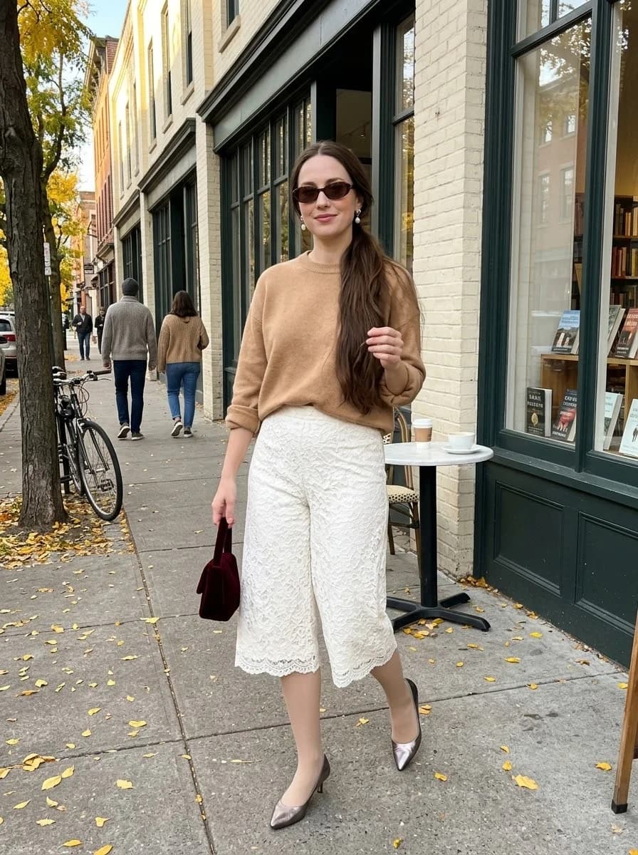 Soft camel sweater partially tucked into wide white lace culottes with metallic kitten heels