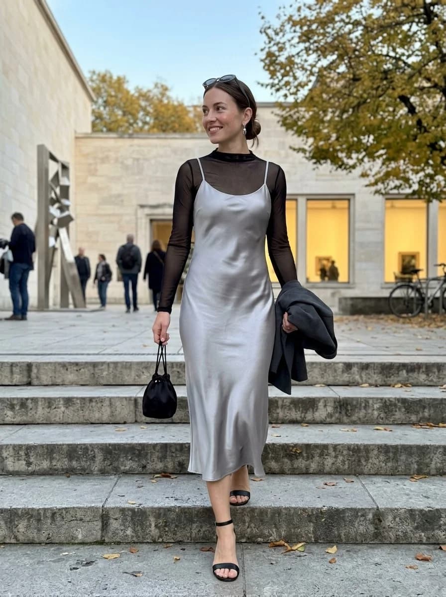 Silver satin slip dress layered over a fitted sheer black mock-neck top with ankle-strap sandals