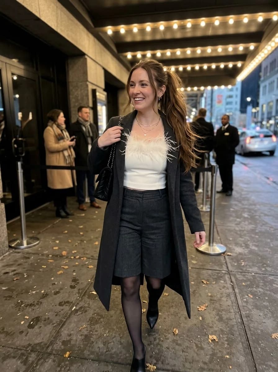 White feather-trimmed top, charcoal Bermuda shorts, sheer tights, long grey coat, and black ankle boots