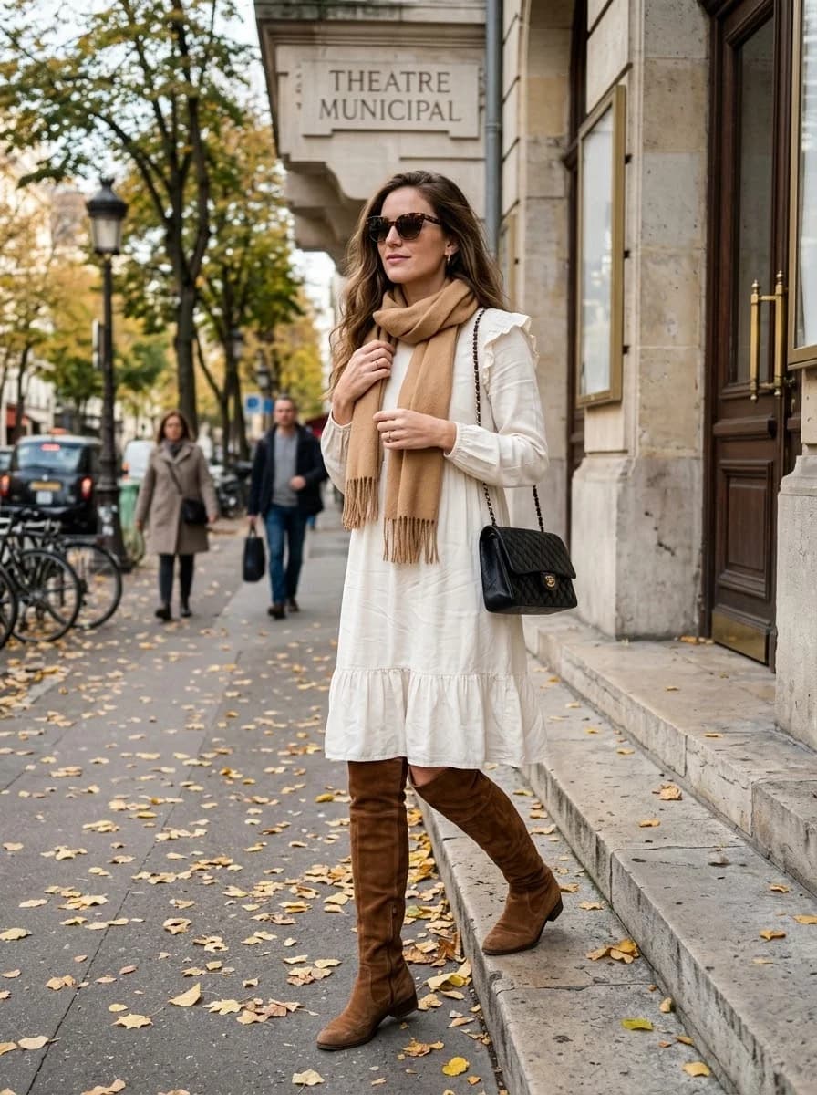 White tiered mini dress with brown over-the-knee boots, camel scarf, and black quilted bag