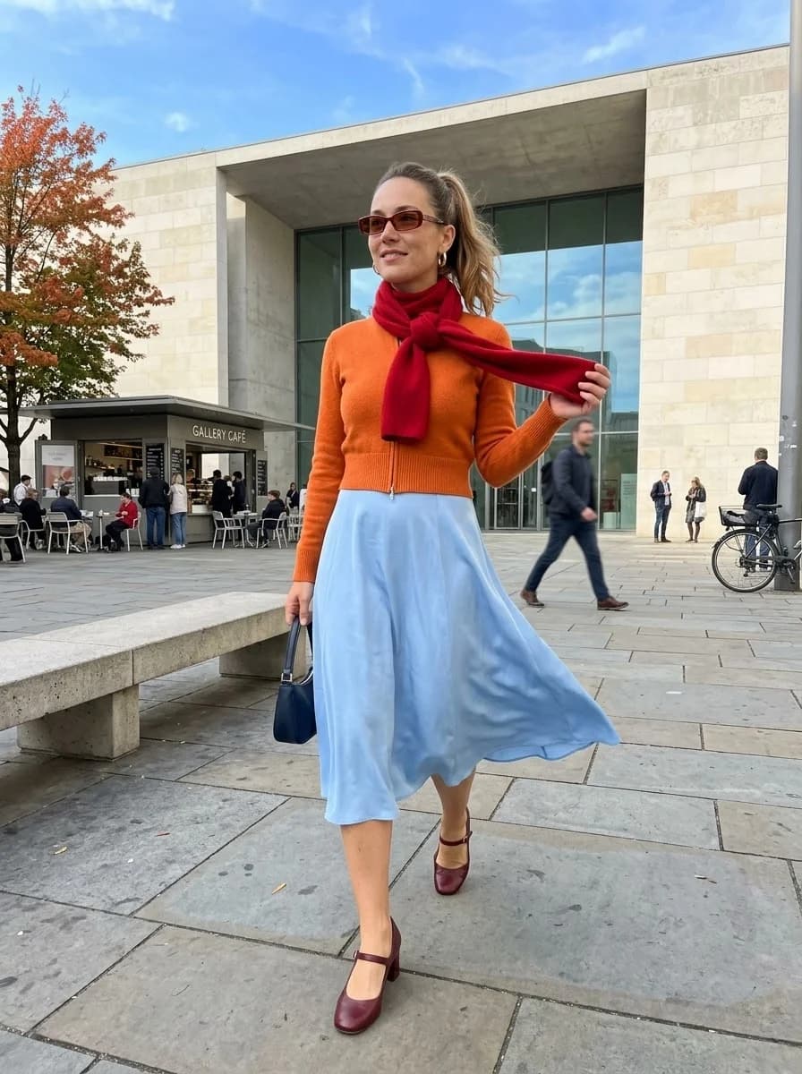 Burnt orange zip sweater paired with powder blue satin midi skirt, red scarf, and burgundy Mary Janes