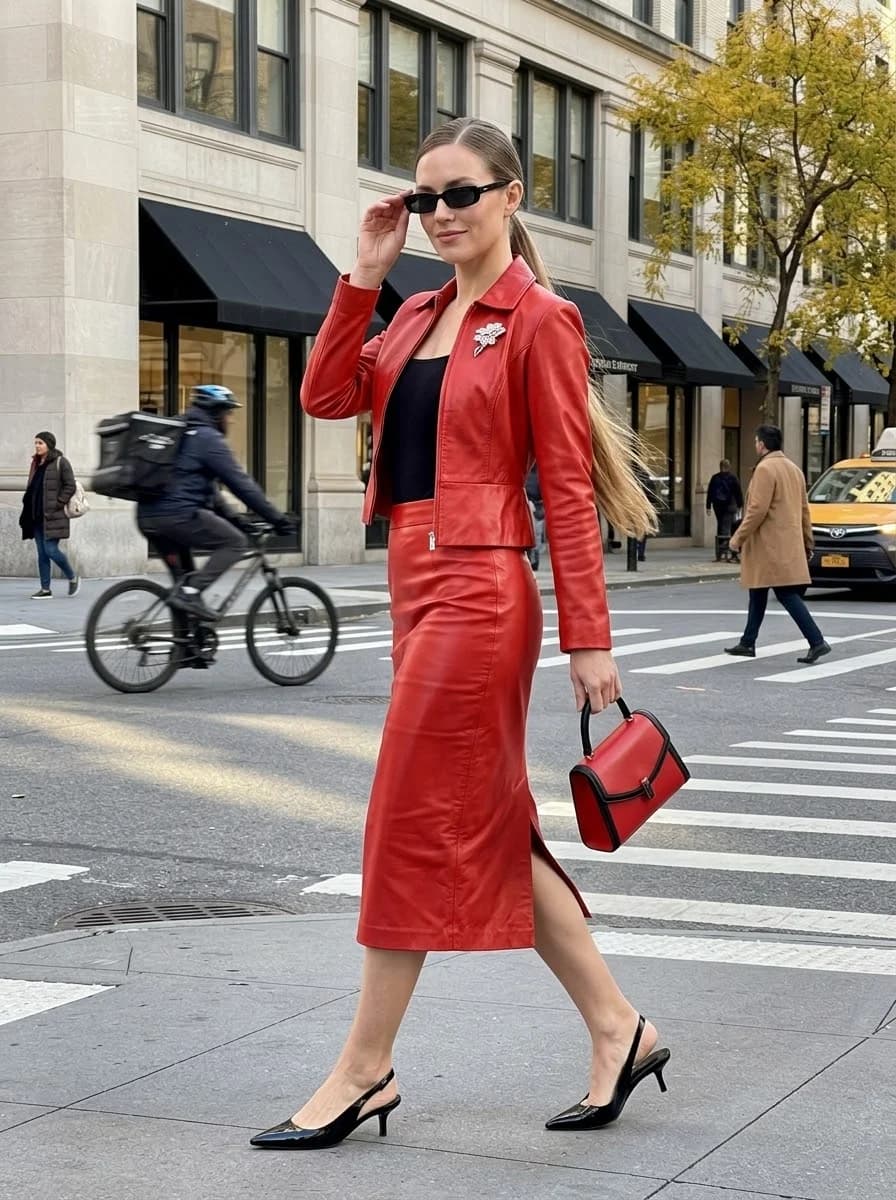 Red leather cropped jacket and matching red leather midi skirt with black camisole and black slingbacks