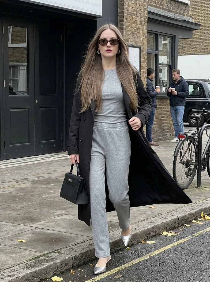 Fitted grey tee and straight-leg sweatpants layered under long black coat with silver heels