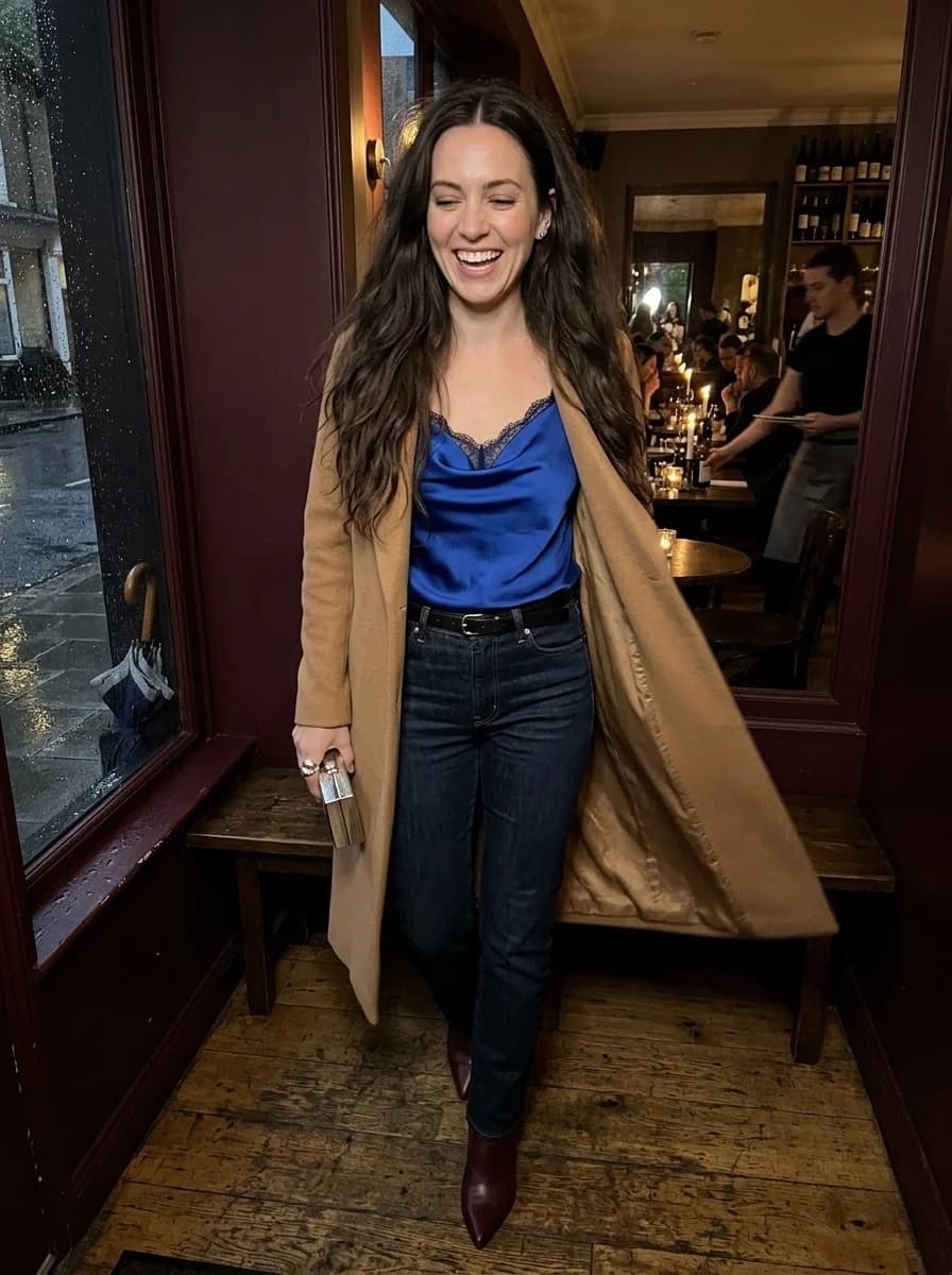 Blue cowl-neck lace-trim camisole top with dark-wash jeans, burgundy ankle boots, and camel coat